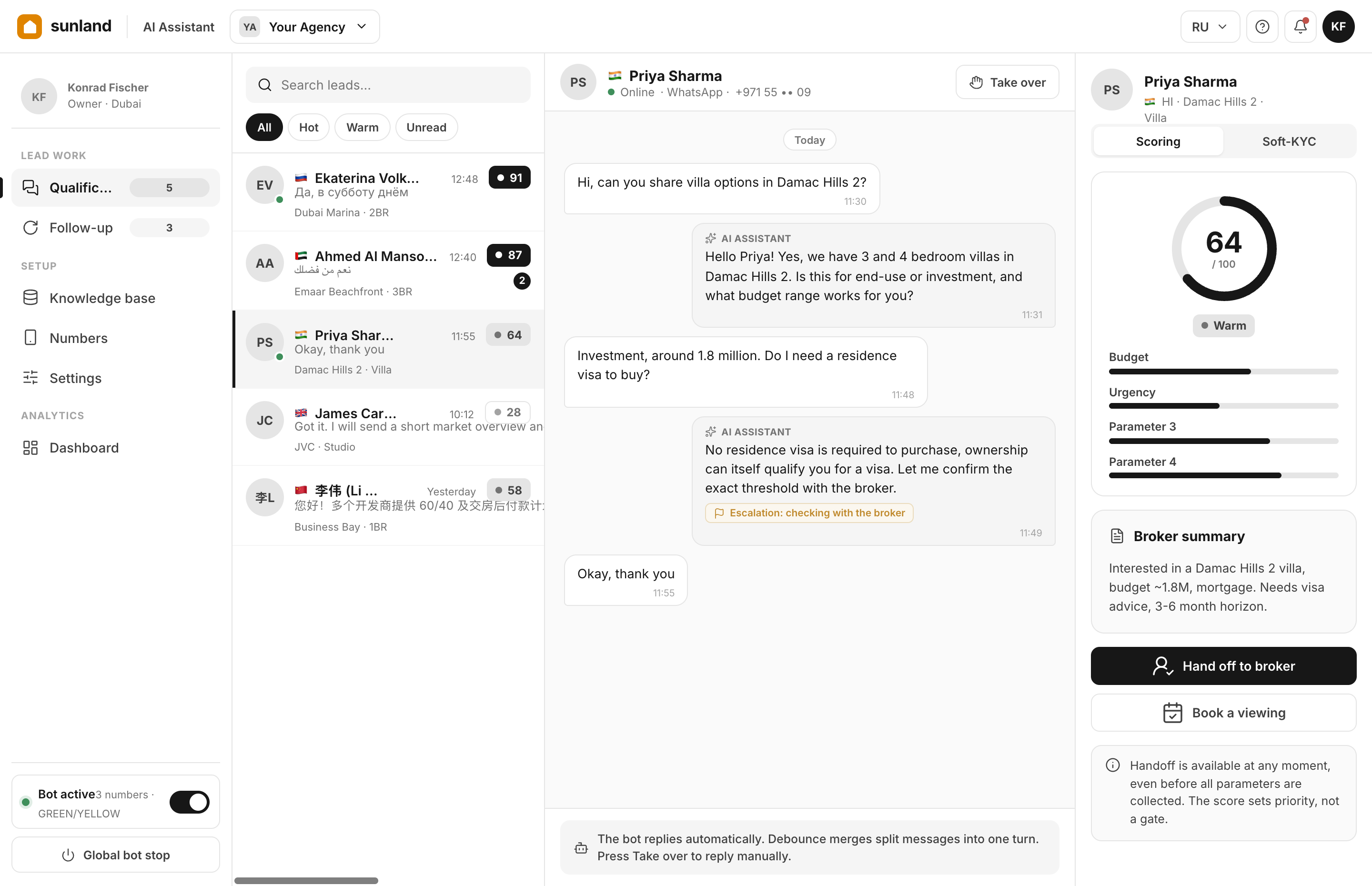 Sunland AI assistant: English dialogue with an investor from India